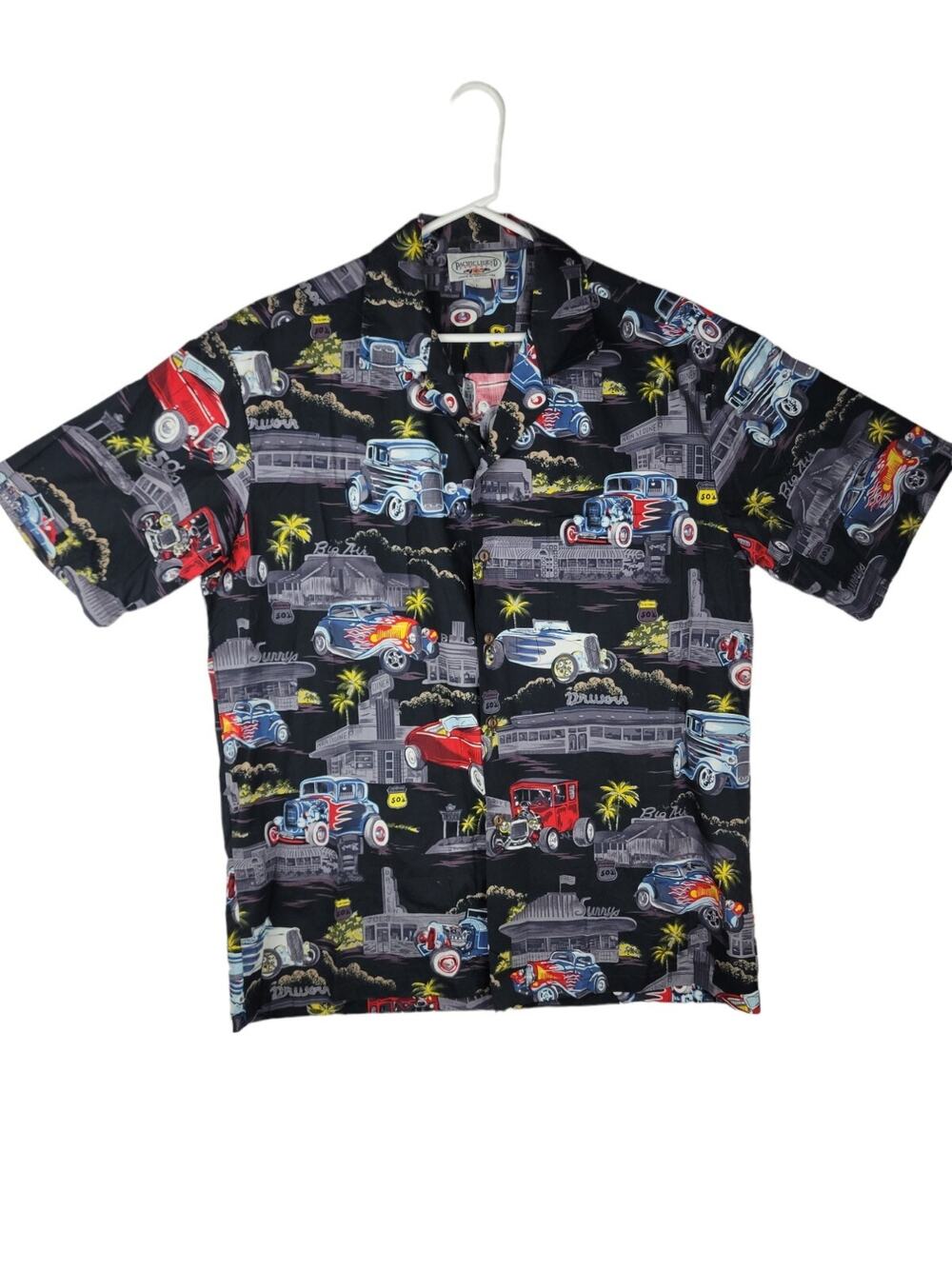 Mens Drive In Hot Rods Classic Cars Hawaiian Shirt Sz L Pacific Legend USA Vtg